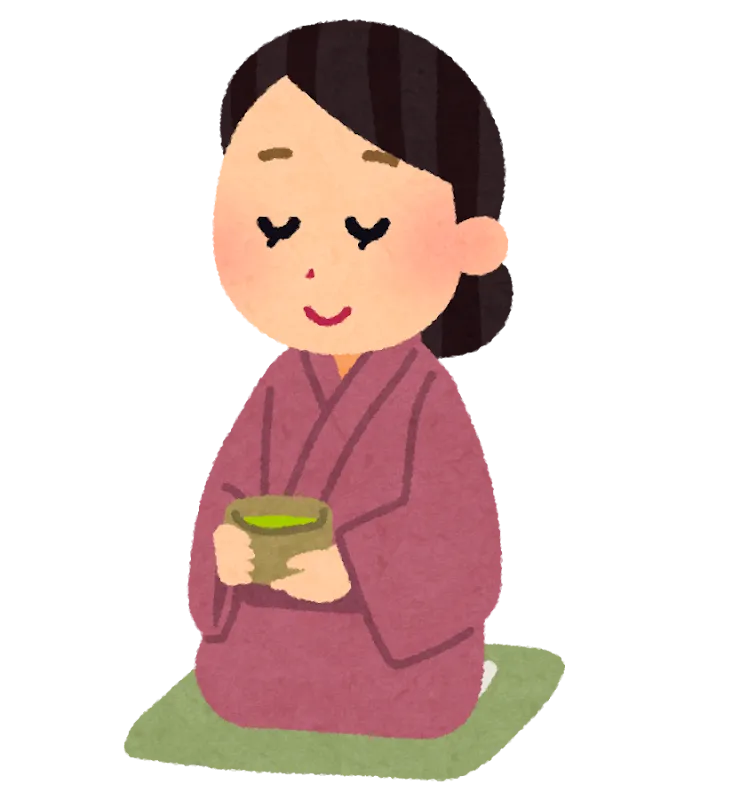 Eine Frau im Kimono trinkt grünen Tee.